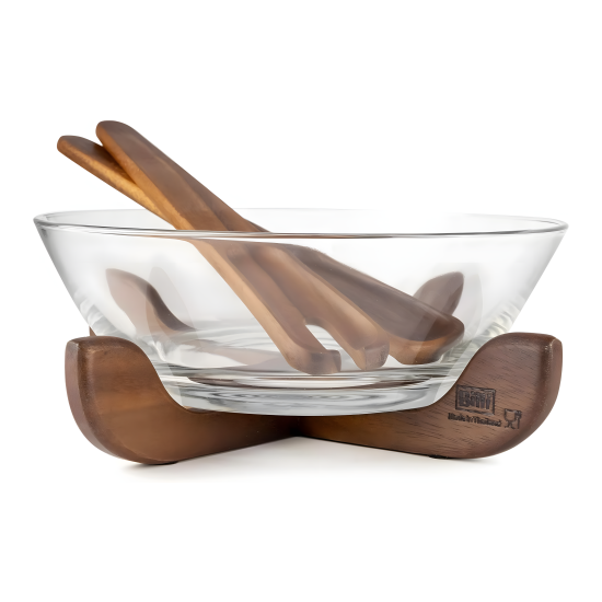 Glass Bowl & Wooden Base With 2 Wooden Spoons